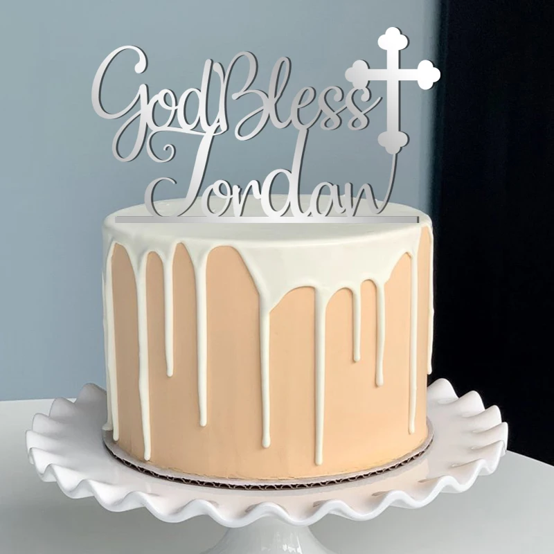 

Personalized God Bless Cake Topper Baptism centerpiece Christening Name Topper First Holy Communion Religious Cross Cake Topper