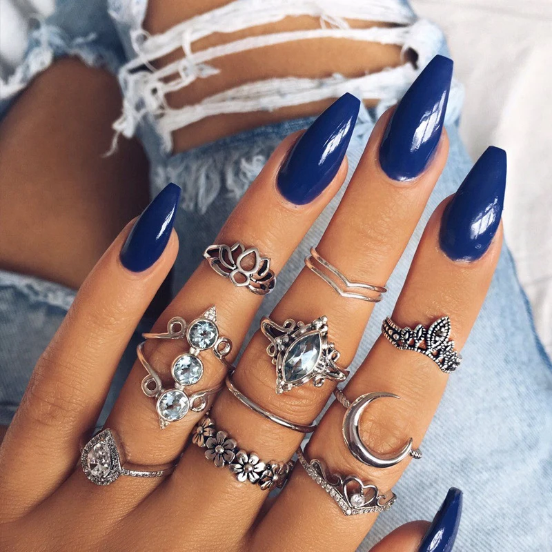 

Retro Openwork Lotus Moon Heart Crown Drop Crystal Geometry Joint Silver Gold Rings Lady Clothing Accessories Female Ring Set