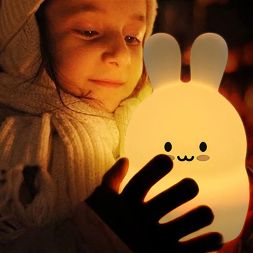 Rabbit LED Night Light Touch Sensor RGB Battery Powered Cartoon Silicone Bunny Bedroom Bedside Lamp for