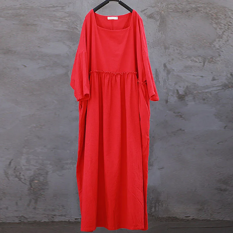 NINI WONDERLAND размера плюс Хлопковое платье осень квадратный воротник одноцветное Длинное Платье женское Свободное длинное платье Большие размеры Платья Одежда - Цвет: red