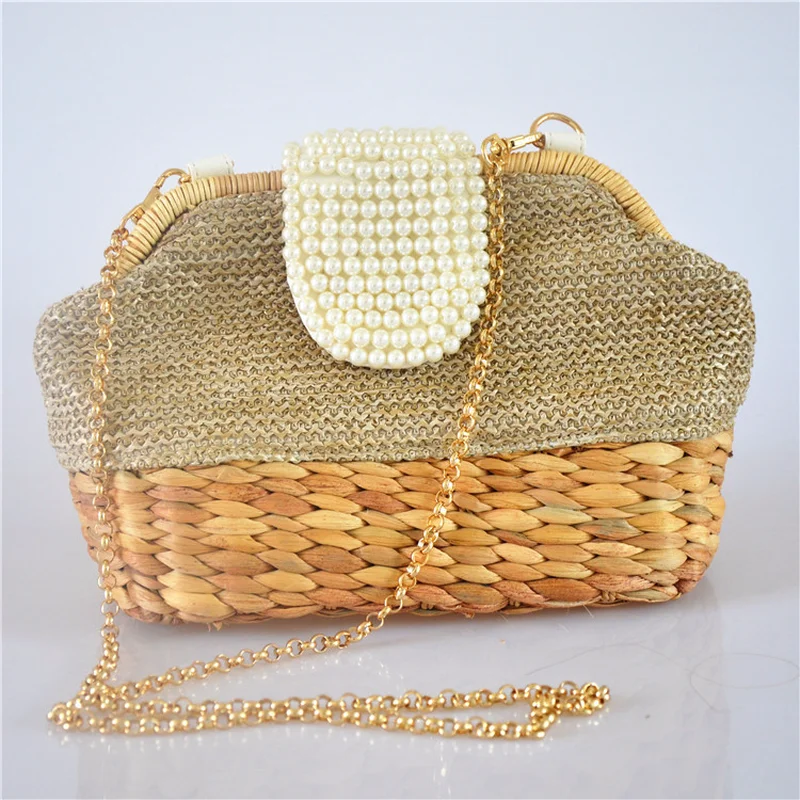

2019 New Pearl Crossbody Bag Beach Chain Women Hand Bag Shell Straw Fashion Women Female Patchwork Messenger Bag Day Clutch bag
