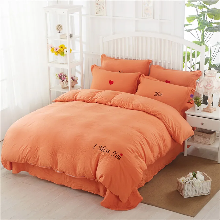 

Simple Embroidered Red heart orange Bedding Sets Twin Queen Size Bedclothes Washed Cotton Bed Linens Duvet Cover Pillowcase 4pcs