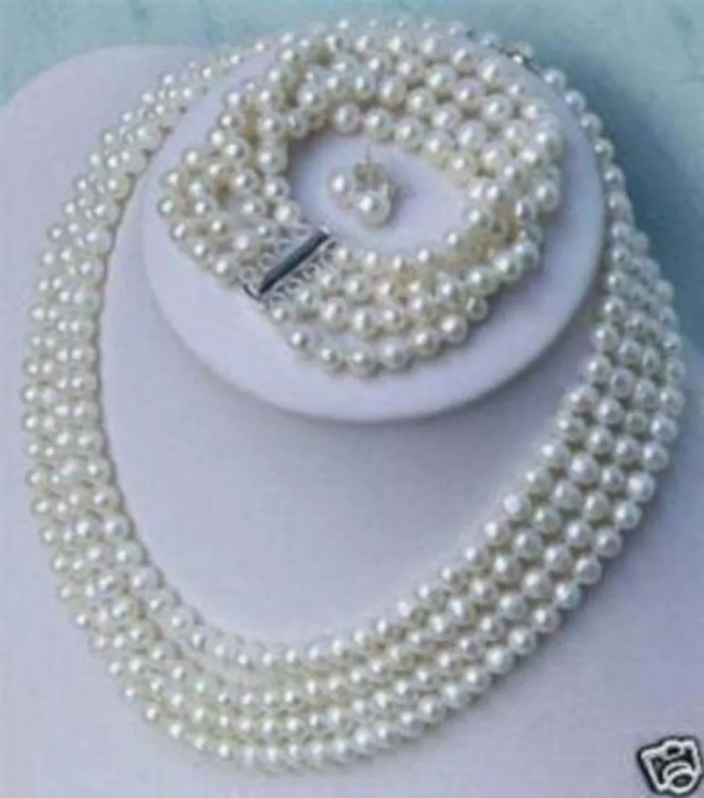 

Miss charm Jew.654 Charming 4 Rows Real Natural White Pearl Necklace Bracelet Earring Jewelry Set