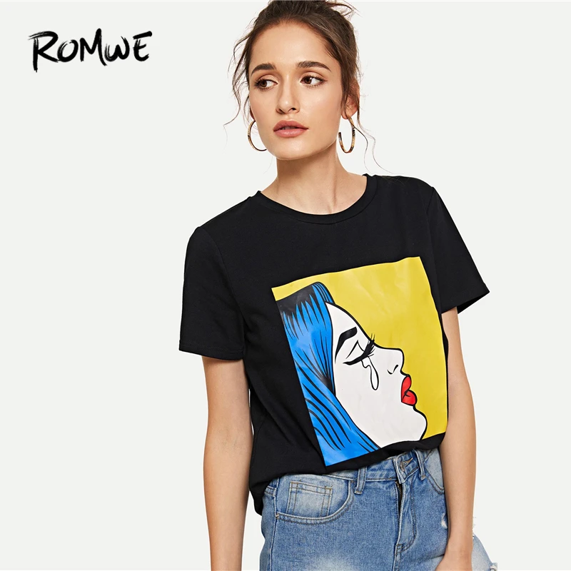 

ROMWE Figure Print Tee Summer High Quality Round Neck Short Sleeve T Shirt Black Casual 2019 Women Fashion Design T-Shirt