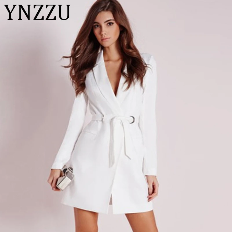 

YNZZU Elegant OL White Blazer Dress Women 2019 Autumn Single Button Lace-Up Slim Female Short Dresses Lady Office Workwear A1031