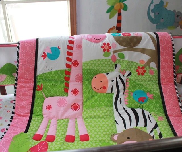 Pink 100 cotton Embroidery bird flowers zebra giraffe baby bedding set