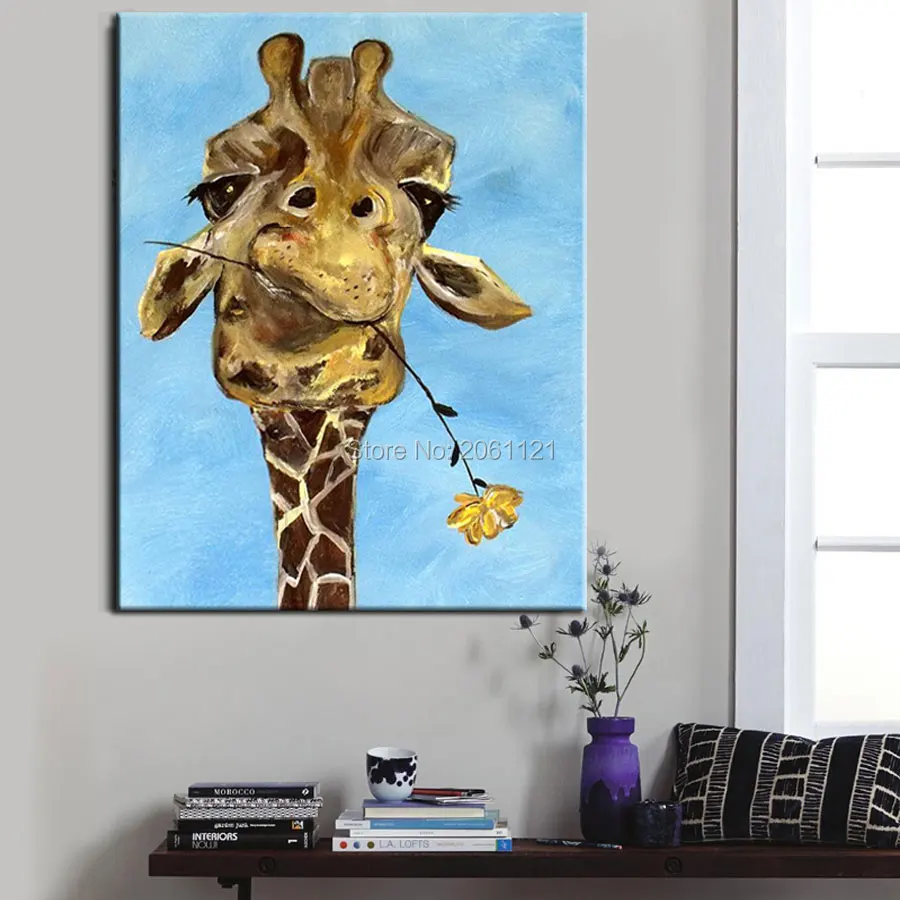 

hand painted funny animal painting propose gift canvas oil painting cool special unique birthday present Rose in giraffe mouth