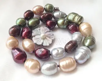 

FREE shipping> >>>Huge 17.5" 18mm multicolor baroque rice freshwater pearl necklace - shell clasp 6.07