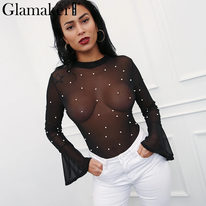 Glamaker Pearl mesh transparent sexy bodysuit Women flare sleeve autumn jumpsuit romper Female streetwear black elegant bodysuit