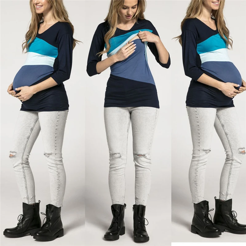 Women Maternity Clothes Breastfeeding Tops Pregnant Nursing T-shirt Blouse Patchwork Casual Tops Clothes