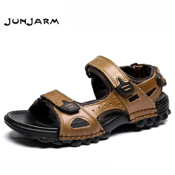

JUNJARM Men Sandals Genuine Leather Men Beach Sandals Brand Men Casual Shoes Flip Flops Men Slippers Summer Shoes Big Size 38-48