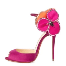 Hot Pink Women Pumps Peep Toe Stilettos High Heels Shallow Flowers Side Summer Ankle Strap Ladies Shoes Chaussure Femme