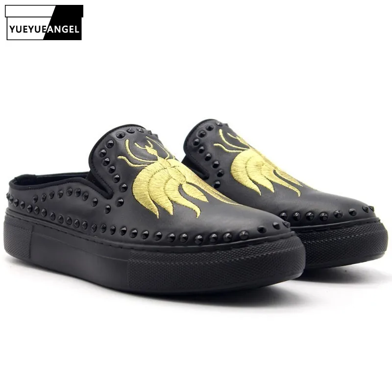 

2019 Hot Sale Summer Men Sewing Casual Loafers Handmade Quality 100% Real Leather Embroider Outdoor Sandals Slippers Male Black