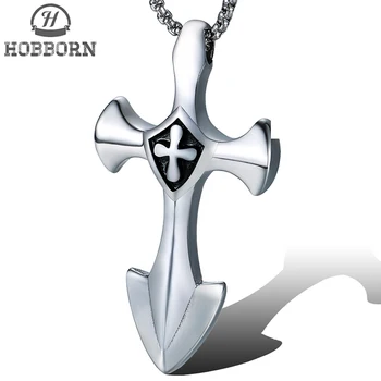 

HOBBORN Classic Sword Cross Necklaces & Pendents Women Stainless Steel God Amulet Necklace Men Religious Jesus Pendent Jewelry