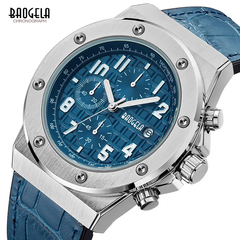 Günstig BAOGELA männer Neue Quarz Uhren 2019 Wasserdichte Chronograph Casual Leucht Armbanduhr Mann Lederband Relogios 1805 Blau