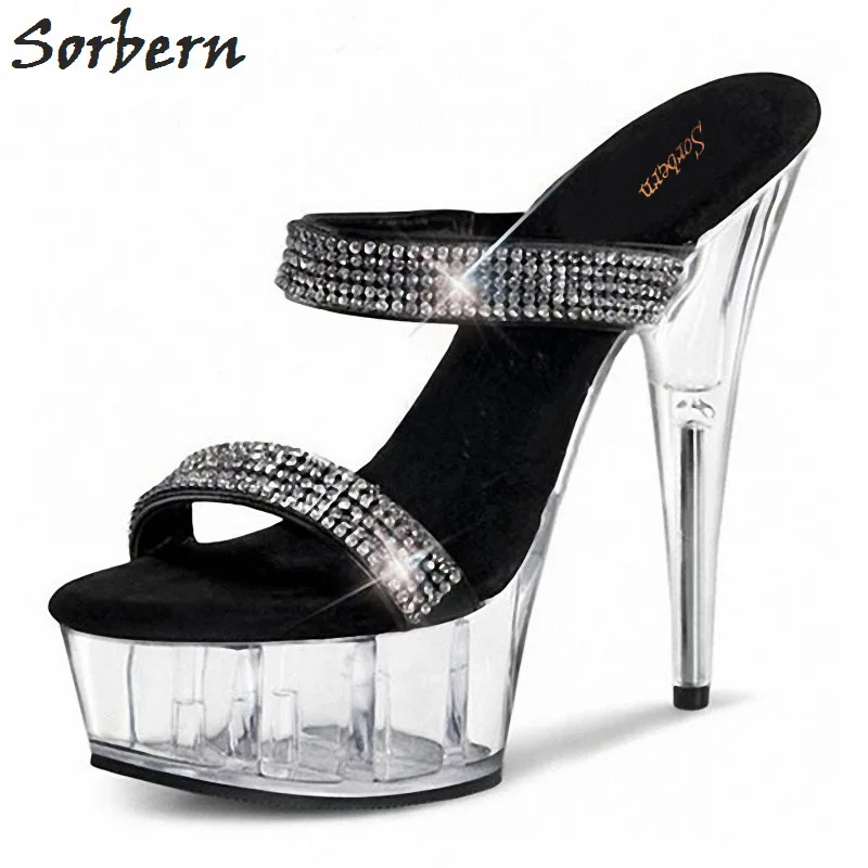 

Sorbern 15Cm Comfortable High Heel Women Slides Open Toe Crystal Slippers Female Platform Straps High Platform Slippers 2018