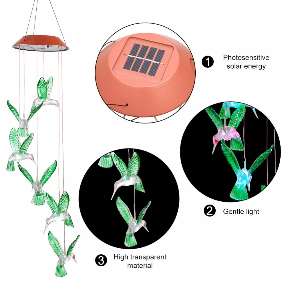 Светодиодный светильник, меняющий цвет, на солнечной батарее, подвесной, ветровой колокольчик, декоративный светильник для патио, сада, домашнего декора