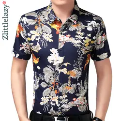 2019 с коротким рукавом социальные мужчины Цветок Гавайская рубашка платье Повседневная Узкий крой, на лето мужской рубашки мужские модная