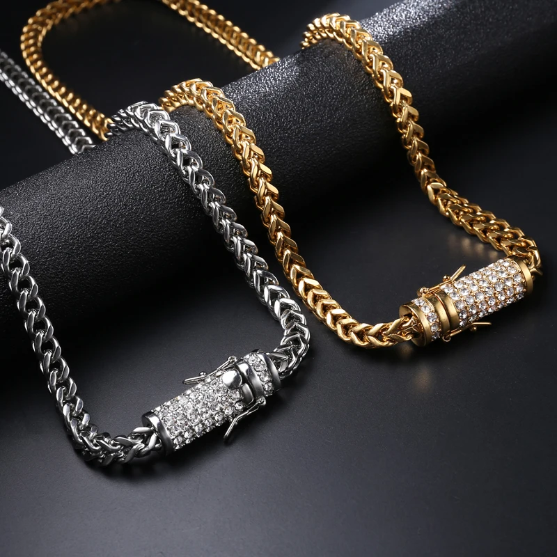 

Hip Hop Bling Necklace Iced Out Rhinestone Clasp 6mm Gold Silver Stainless Steel Franco Cuban Box Link Chain Necklace Jewelry