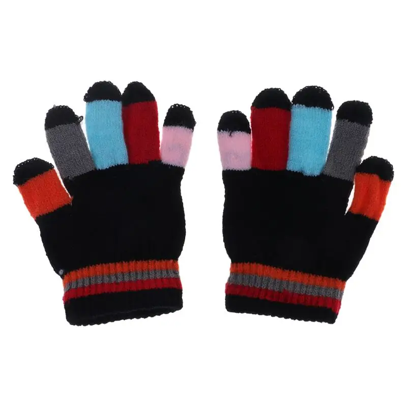 1 пара, детские перчатки, полный палец, теплые зимние, цветные, в полоску, вязаные, для мальчиков и девочек, одноцветные, новые, горячие - Цвет: BK