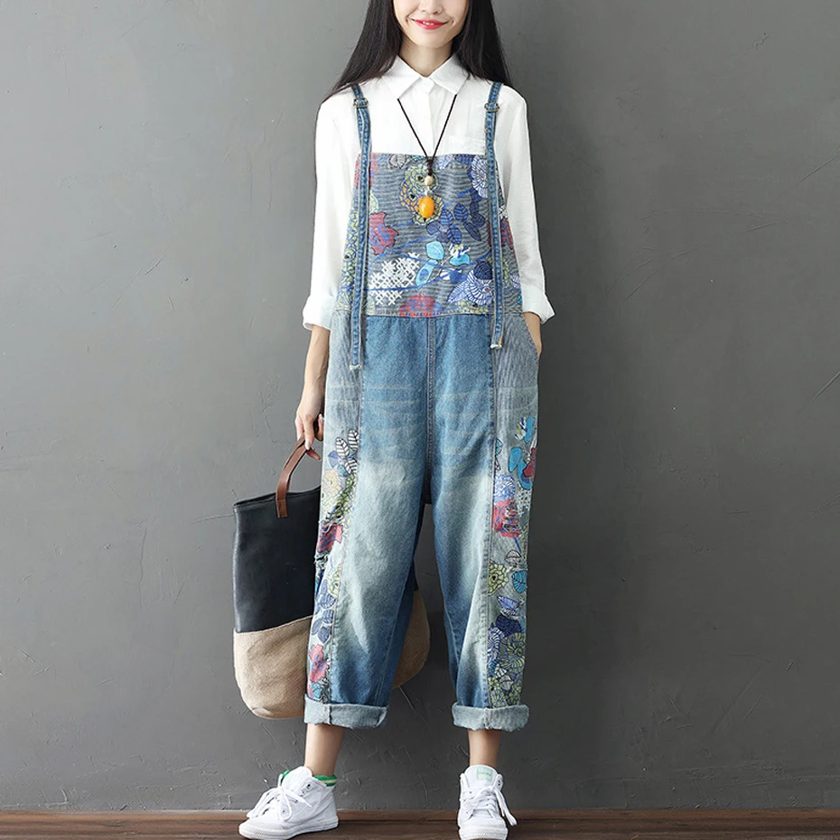 

Womens Denim Suspenders Jumpsuit Rompers Overalls Body Print Floral Straight Loose Big Oversized Casual Fashion for Spring 2114