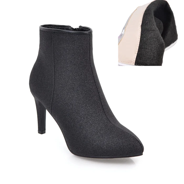 Meotina/женские ботильоны; теплые зимние ботинки на молнии; женские ботинки на тонком высоком каблуке; шикарная пикантная обувь для вечеринок; Цвет серебристый, золотистый, фиолетовый; 43 - Цвет: Black Velvet Lining