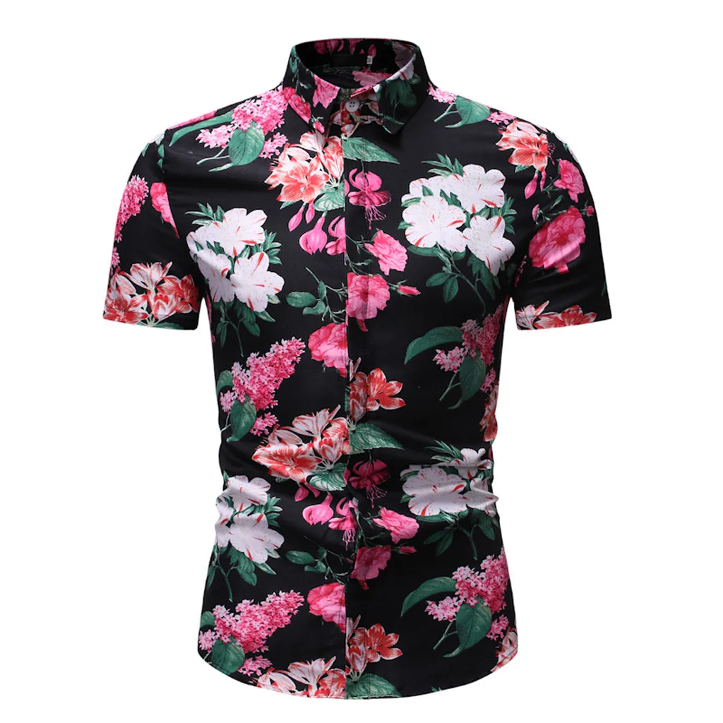 

MUQGEW Casual Stand Collar Button Loose Shirt Men's Summer Fashion Business Leisure Printing Short-sleeved Shirt Top Blouse#G3