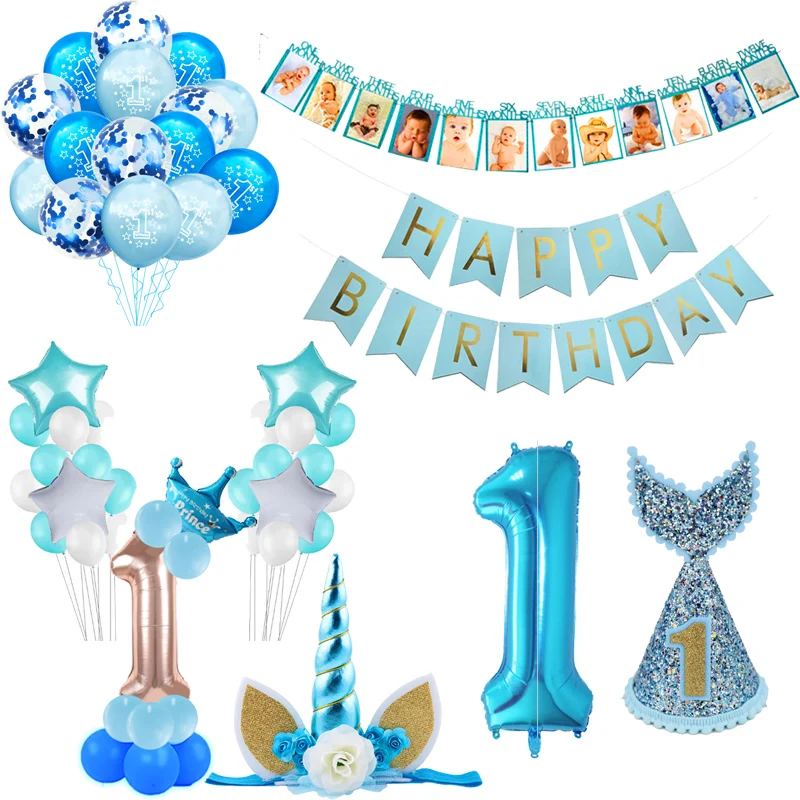 WEIGAO First Birthday Photo Clips Banner Garlands One Year Old Blue 1 Number Balloons Baby Shower Boy Birthday Decor Supplies