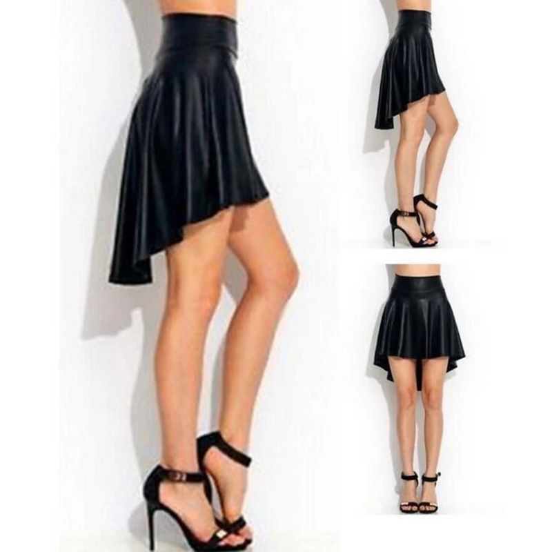 

Women Summer Autumn Plus Size UK Big Size High Waist High Low Faux Pu Leather Skater Flared Skirt XS-5XL