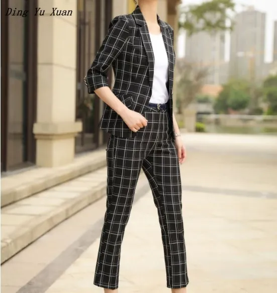 

Womens Office Work Wear Black White Plaid Pant Suits for Women Blazer Trouser Set 2 Pieces Ladies Pants Suit Plus Size Pantsuit