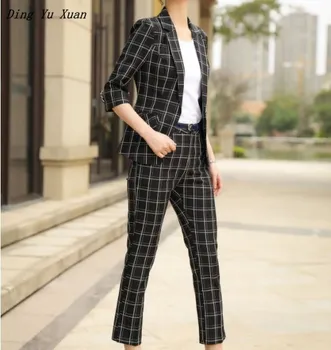 

Womens Office Work Wear Black White Plaid Pant Suits for Women Blazer Trouser Set 2 Pieces Ladies Pants Suit Plus Size Pantsuit