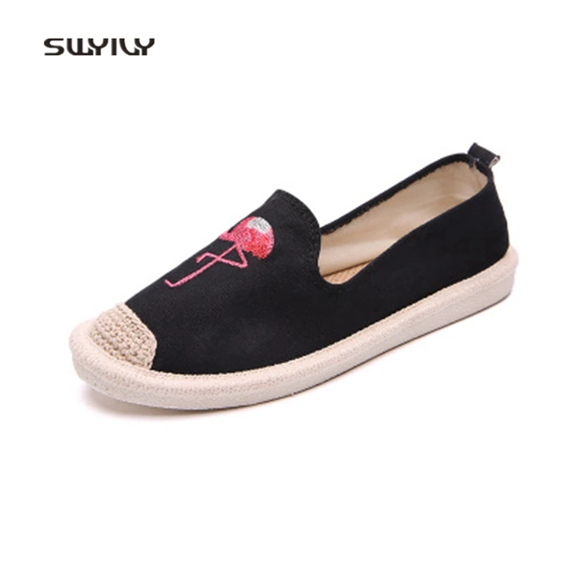 SWYIVY Women Walking Shoes Canvas Handmade Embroidered Lady Shoes 2018 New Flat Heel Slip-on Lazy Shoes Female Walking Shoes