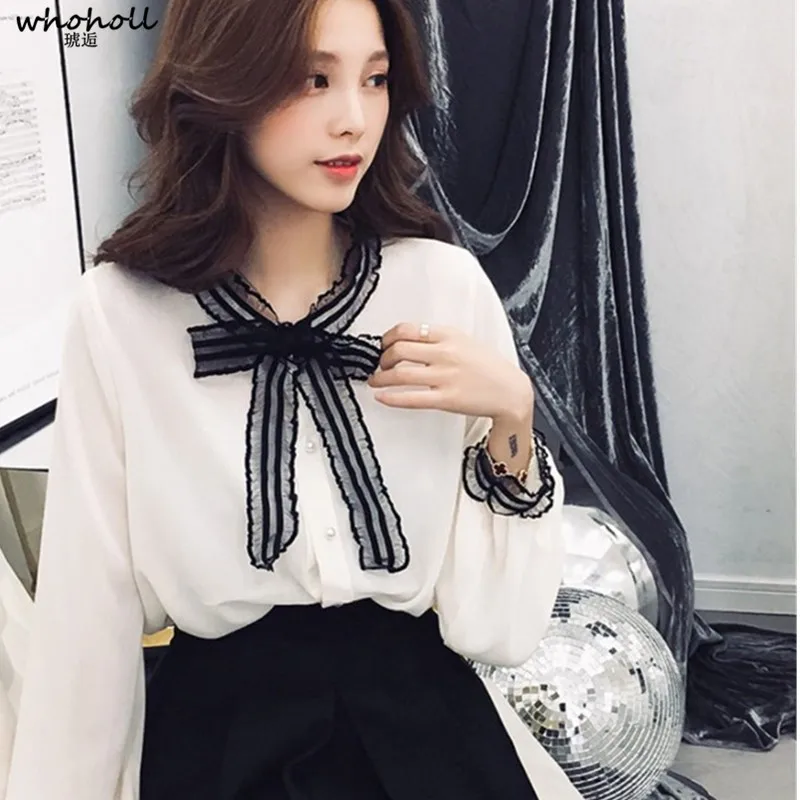 

WHOHOLL 2019 Chiffon Shirts Women Tops Lace Bow Collar Long Blouses Single-breasted Elegant French Style Office Slim Blusas
