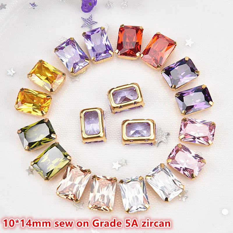 

Zircan 10*14mm rectangle 5pcs/pack Super flash 5A zircon gold base sew on claw rhinestones,apparel accessories Free shipping