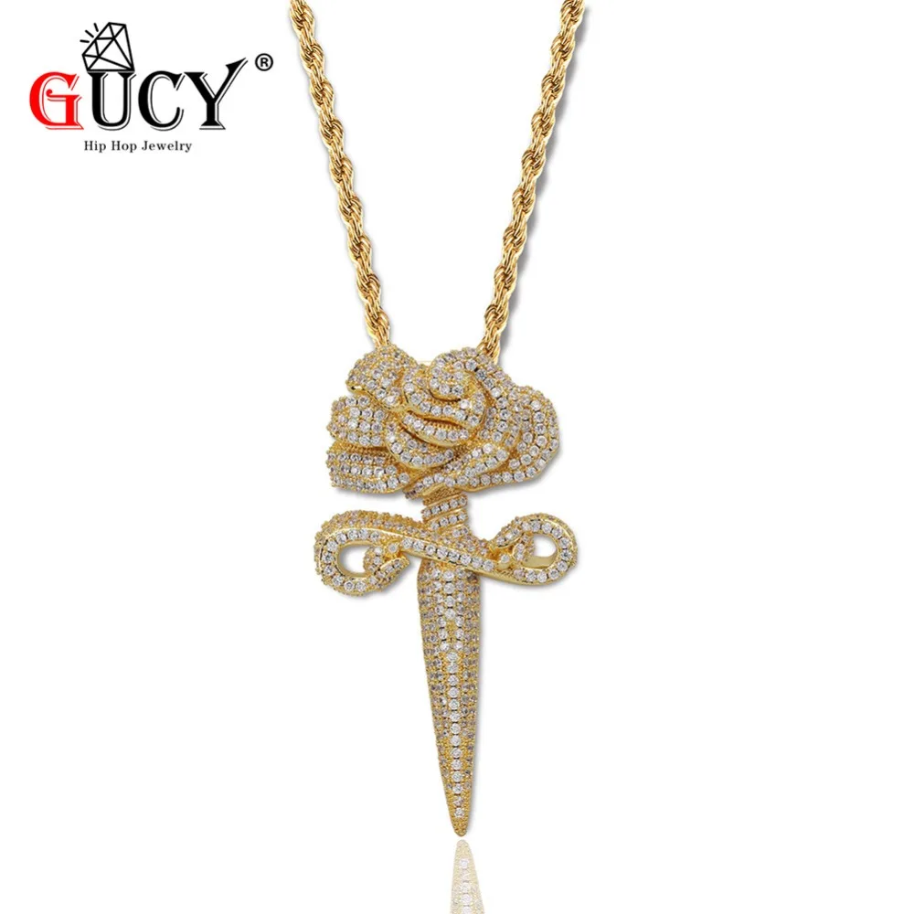 

GUCY Hip Hop Soild Back Flowers Pendant Necklace WithTennis Chain Plated All Iced Out Cubic Zircon Men's Jewelry Gift Party