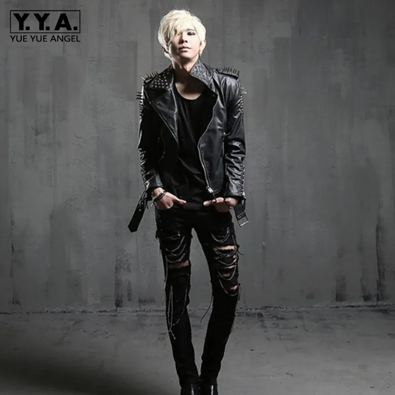 

Top Quality Pu Leather Mens Jacket Punk Stage Show Sharpen Rivets Gothic Outwear Coat Luxury Slim Fit Studded Jaqueta De Couro