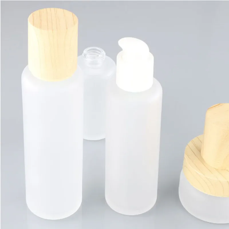 

1pc 30g 50g Empty Refillable Glass Jars With plastic imitation wood lids 30ml 60ml 80ml 120ml Cream Lotion Pump Bottles