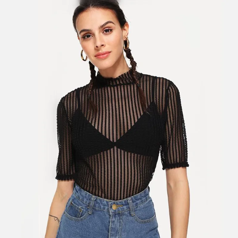 

Summer Women Lace Tees Top Women Sexy Mesh Tops See-through Turtleneck Short Sleeve Black Striped Tshirt