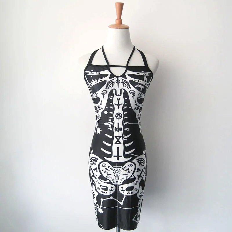 SEBOWEL Women Gothic Skeleton Print Dress Fashion Sexy Club Dress Black Spaghetti Strap Rock Punk Dress Party Dresses Vestido 32 SEBOWEL Women Gothic Skeleton Print Dress Fashion Sexy Club Dress Black Spaghetti Strap Rock Punk Dress Party Dresses Vestido 32
