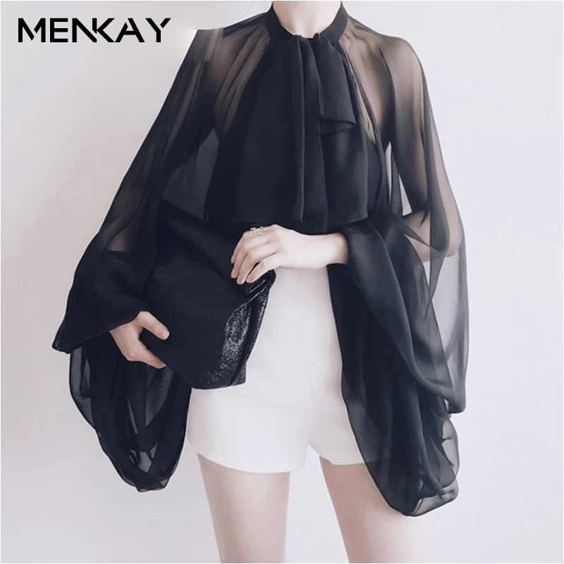 

[MENKAY] Bowknot Chiffon Women Lantern Sleeve Tulle Transparent Sexy Tops Large Size 2018 Spring Summer Casual Clothing