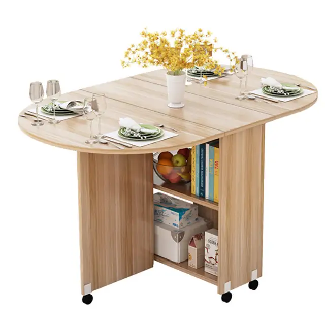 Folding Movable Dining Table With Multidirectional Wheel Wooden