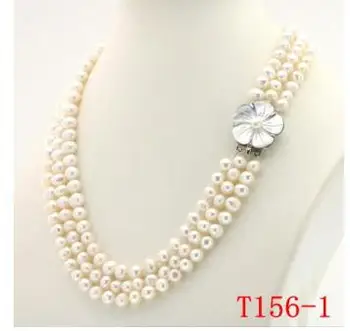 

Wholesale price Fine jewelry White Genuine 7-8mm 3 Row AAA natural White Freshwater Pearl Necklace 17-19" 925