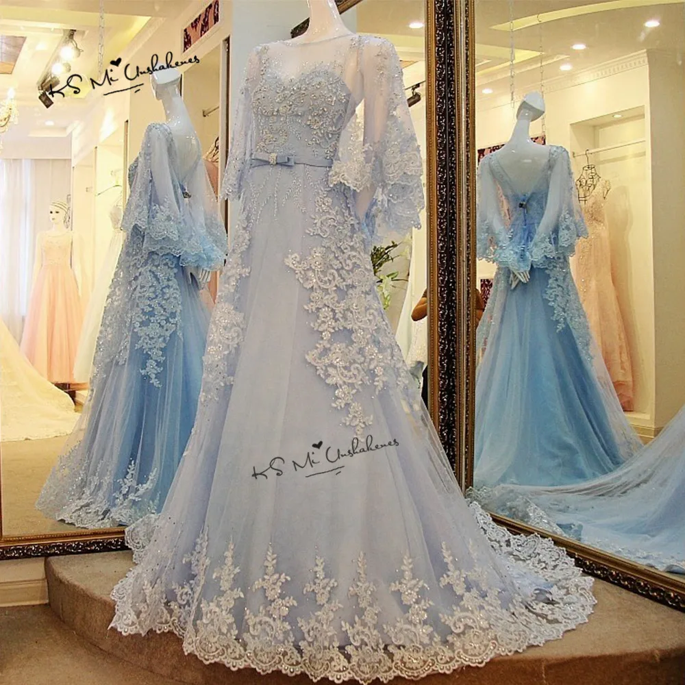 Boho цвета слоновой кости Синие Свадебные платья Vestido de Noiva Кружевное Свадебное Платье трапециевидного размера плюс свадебные платья с накидкой бисером Gelinlik