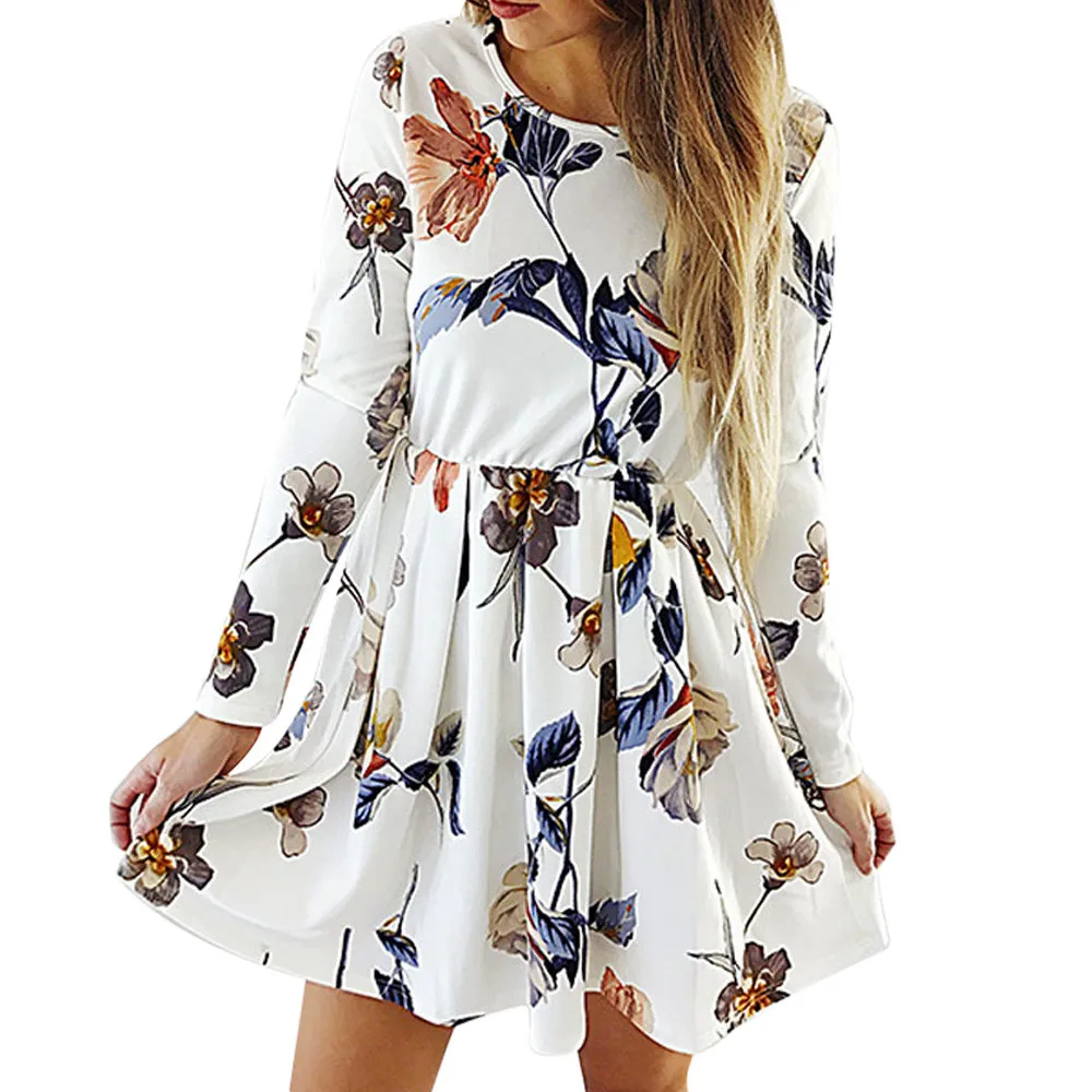 

Women Printing Pleated Casual Dresses Female Long Sleeve Floral Bouffancy Mini Dress Sweet Floral Embroidery Vestidos