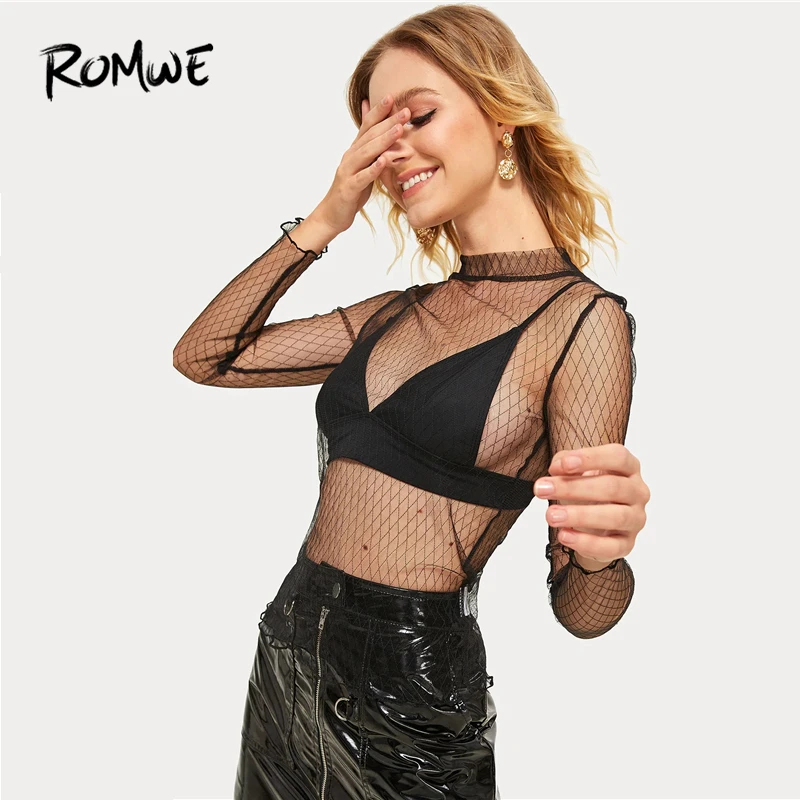 

ROMWE Mock Neck Argyle Mesh Top Without Bra 2019 Swish Black Sexy Summer Slim Fit Tees Stretchy Women Lettuce Trim T Shirt