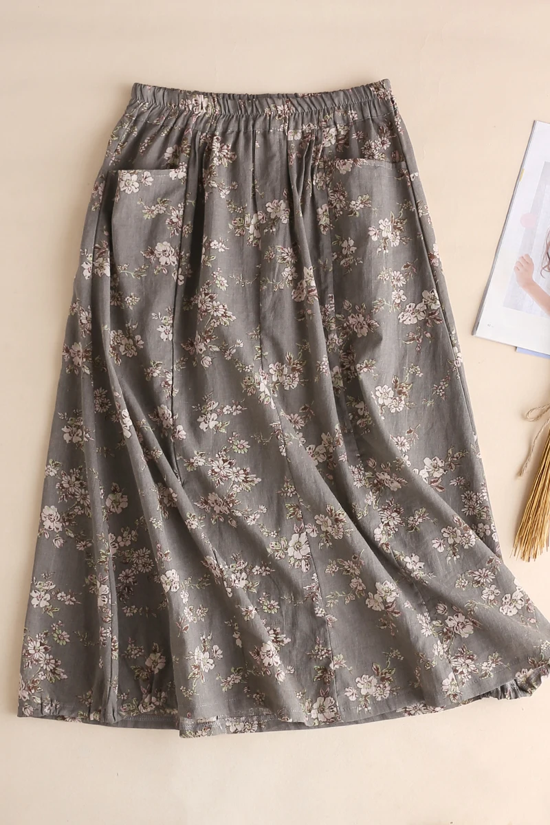 Mujeres Del Todo Elástico Lino Las De gris Vestido Cómodo Floral Faldas Oscuro fósforo Impresión Verano Marrón EqATtn