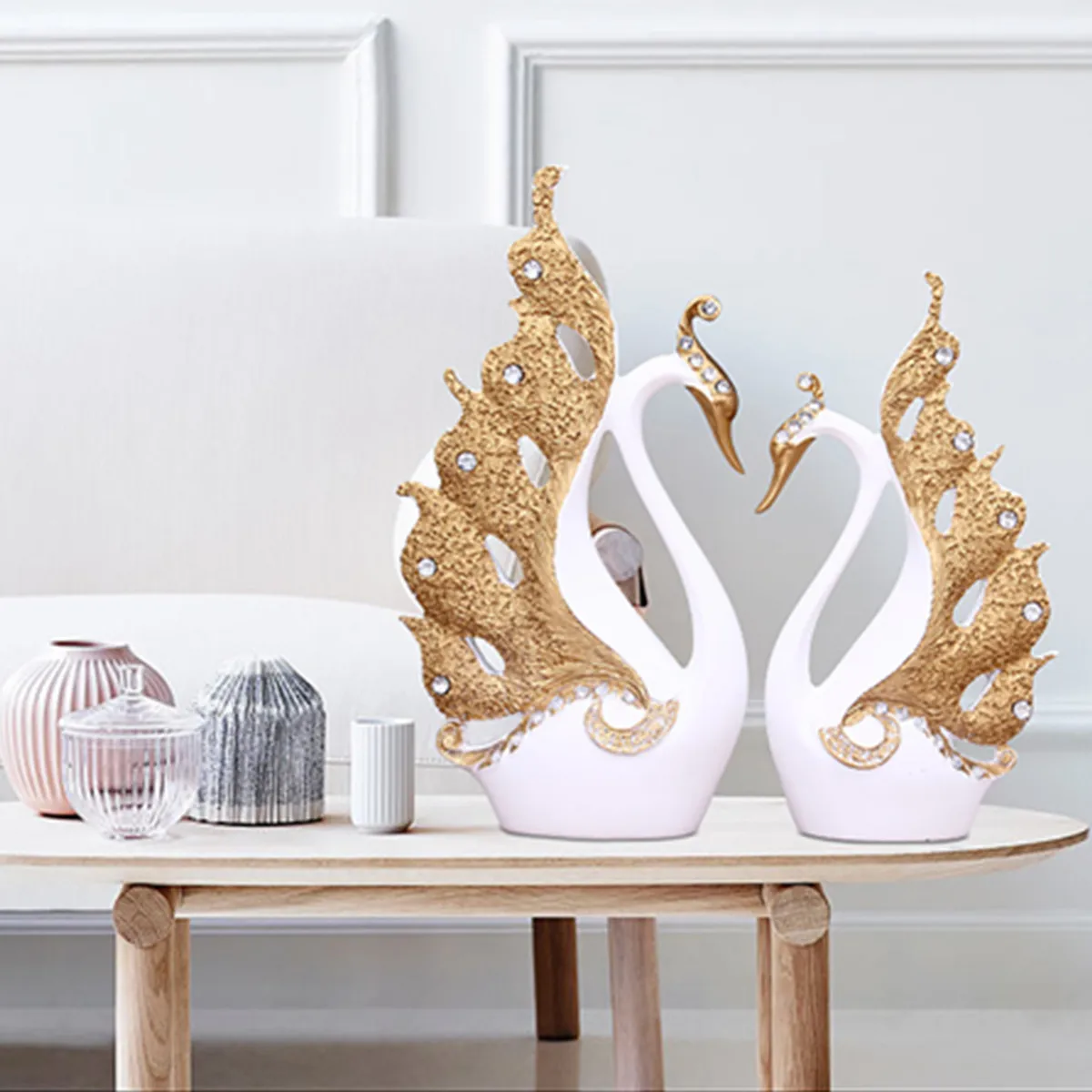 

LOVE Swan Couple Model Figurine Miniatures Animal Home Ornaments Resin Animal Statue Sculpture Wedding Gift Living Room Decor