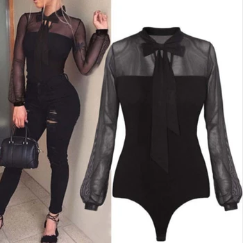 

New Womens Long Sleeve Bodysuit Mesh Sleeve Leotard Top Bow Neck Black Rompers Jumpsuit Women