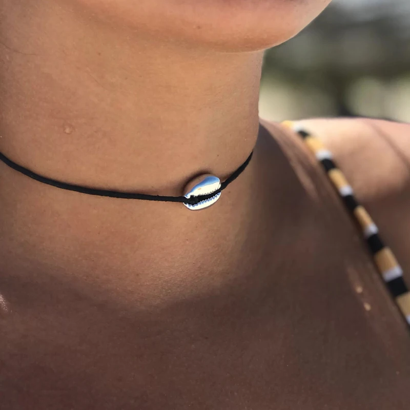 

Bohemian Jewelry Vintage Silver Color Alloy Shell Charm Necklace Choker Short Stretchable Chain Knot End Necklace for Women