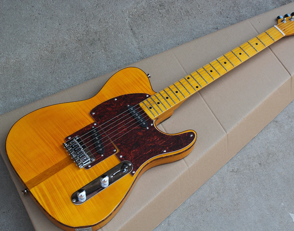 

Factory Orange Electric Guitar with Flame Maple Veneer,Strings-Thru Body,Chrome Hardware,Amber Color Binding,Can be Customized